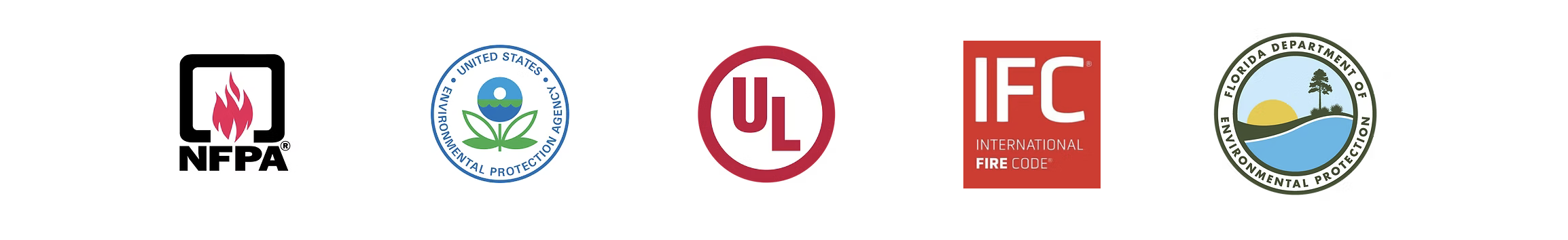 Safety and regulatory organizations: NFPA, United States Environmental Protection Agency, UL, International Fire Code, and Florida Department of Environmental Protection